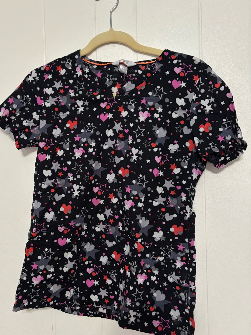 Code Happy Black Print Scrub Top with Pink & Red Accents